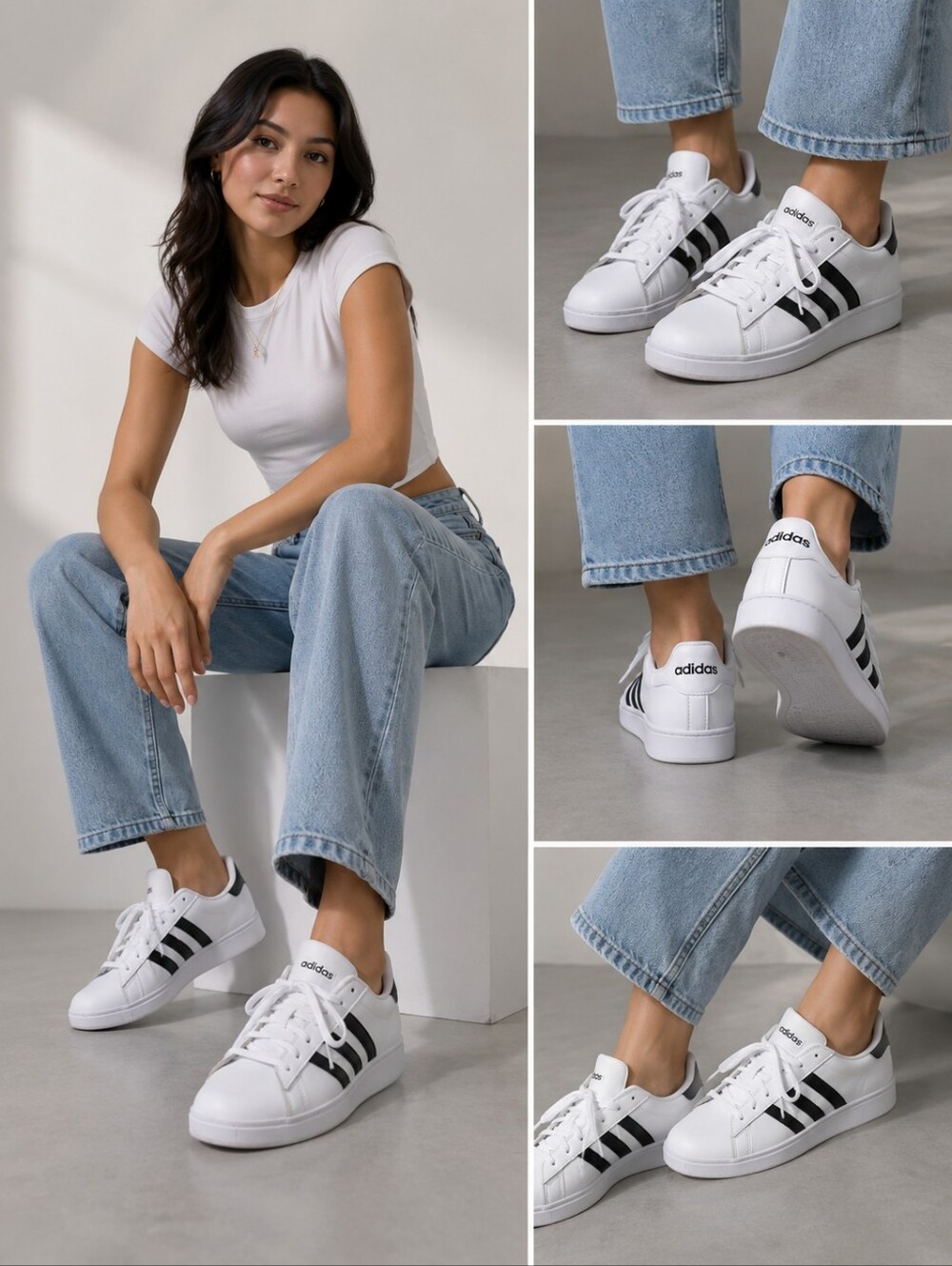 adidas White Sneakers with Black Stripes Like New Sz 10